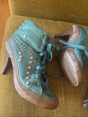 Ash Teal Lace-Up Studded High-Top Heels